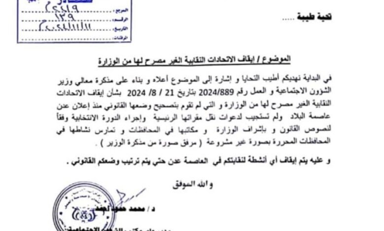 قرار حكومي بإيقاف عمل نقابة الصحفيين في عدن .. وثيقة 1 IMG ٢٠٢٤١١١٤ ١٠٤٩٥٠ 1