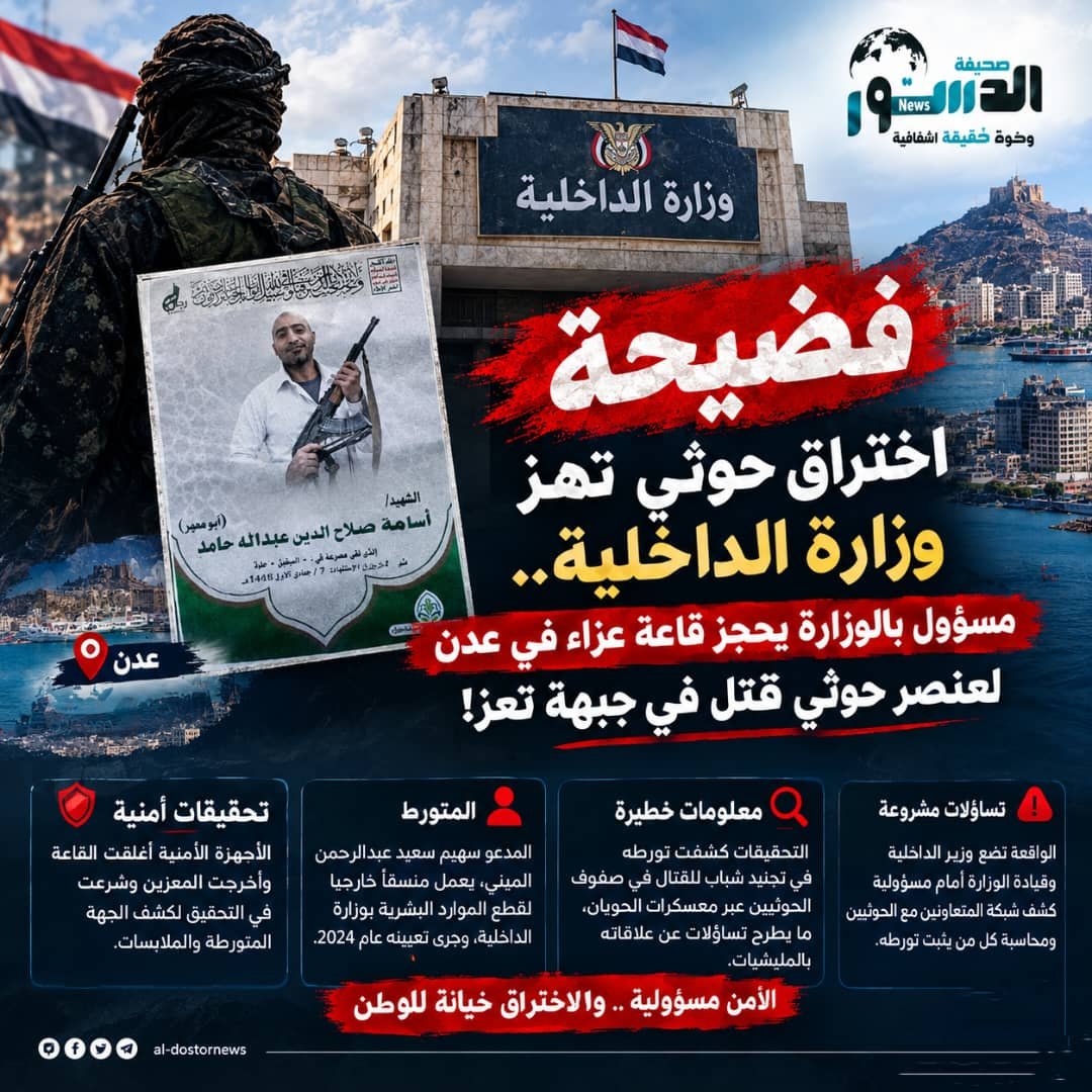 فضيحة أمنية تهز وزارة الداخلية في العاصمة عدن.. اكتشاف قاعة عزاء لعنصر حوثي وتورط مسؤول بارز 1 img 20261030 wa0026